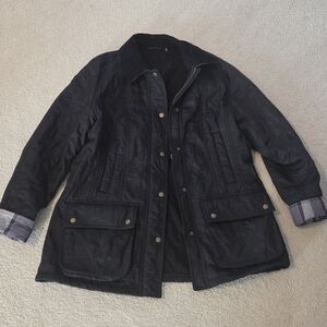 Black Quilted Jacket with Plaid Cuffs